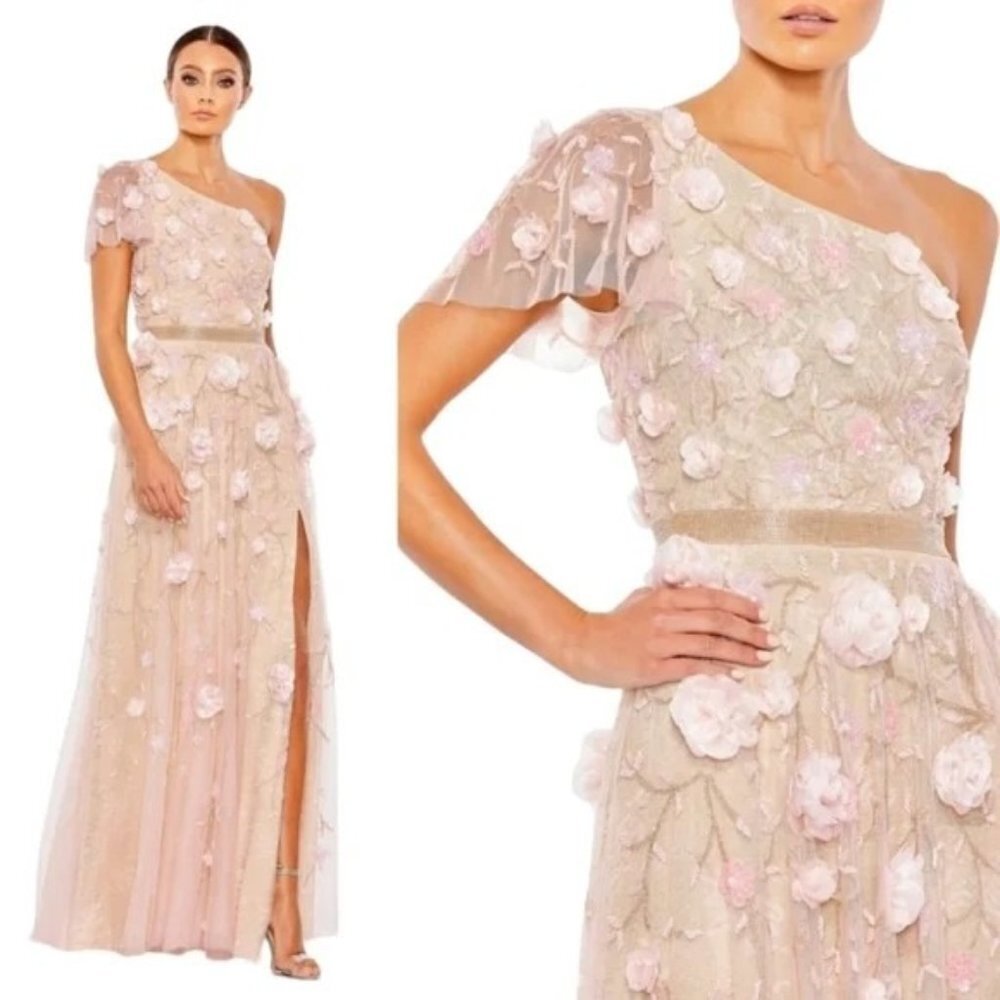Mac Duggal Floral Embellished One-Shoulder Maxi Dress in Pink and Cream